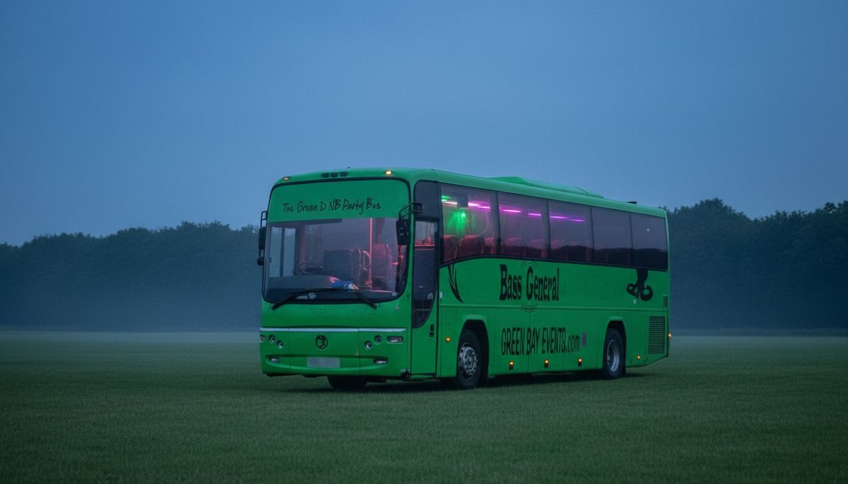 The lime-green coach parked on a grass field at dusk, purple and green light glowing through its windows