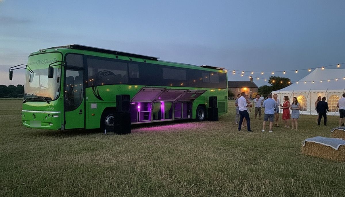 The party bus on a field at a summer garden party at dusk, bays glowing purple, a marquee and guests with drinks
