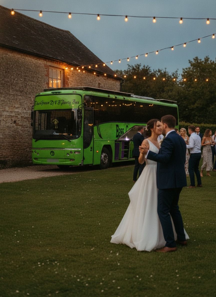 A bride and groom dancing on the lawn at dusk in front of the lime-green Green DnB Party Bus, festoon lights overhead and wedding guests behind