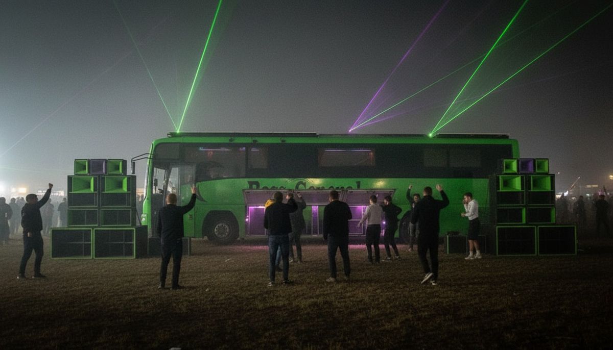 The Green DnB Party Bus side-on at a festival at night, luggage bays open, sound system stacks either side and a crowd dancing under lasers