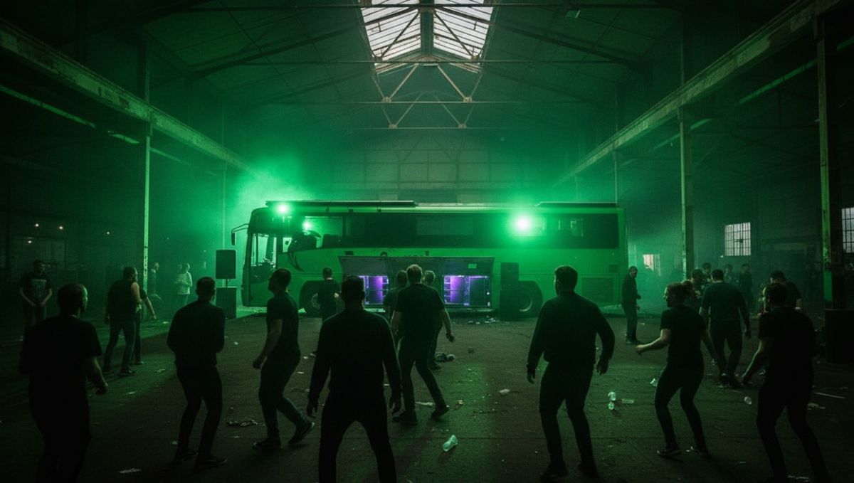 The bus inside a huge warehouse with green haze and a crowd dancing in front of its open bays
