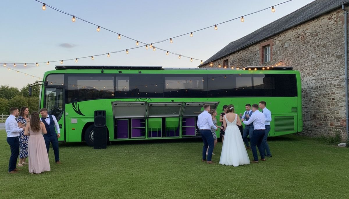 The party bus side-on beside a stone barn at a wedding, bays open, the bride and guests dancing on the lawn under festoon lights