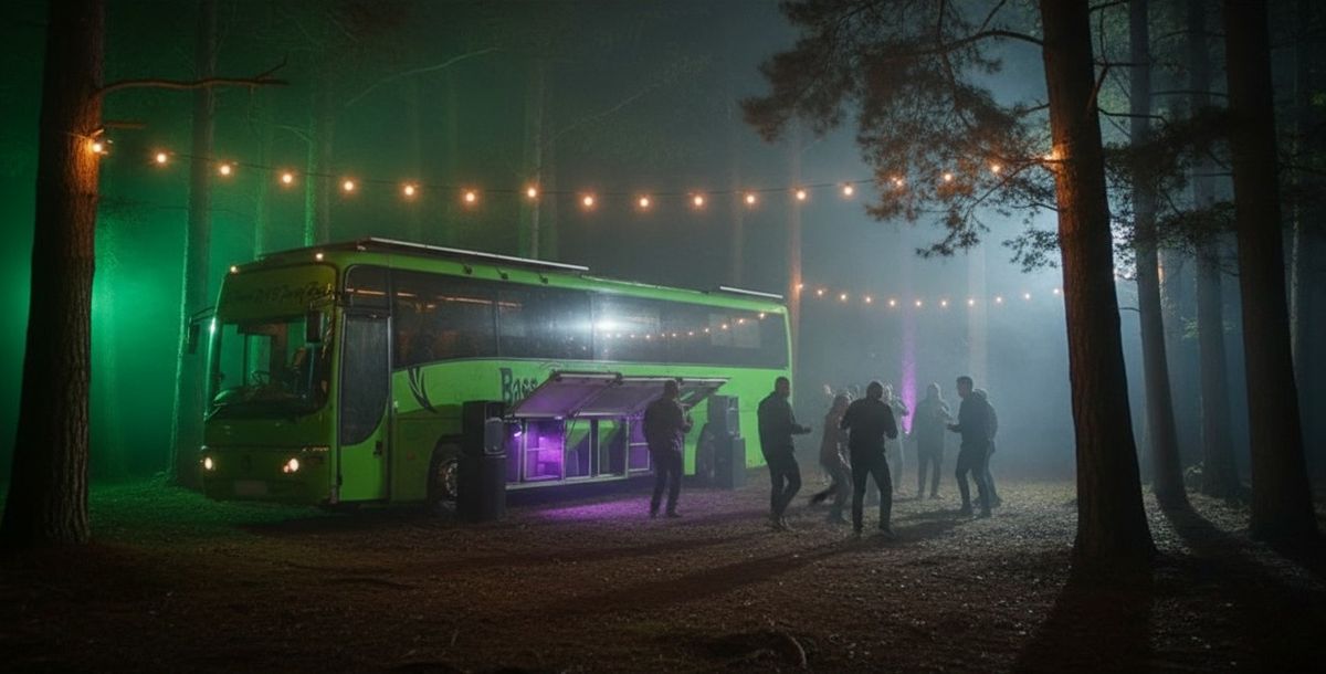 The bus parked in a woodland clearing at night with festoon lights, green haze and people dancing by the open bays